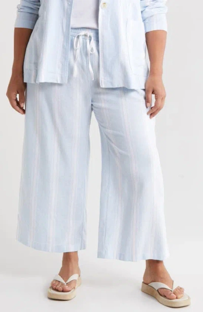 Caslon Stripe Tie Waist Wide Leg Linen Blend Pants In Blue Skyway Bon Stripe