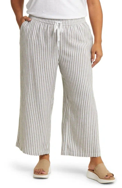 Caslon Stripe Tie Waist Wide Leg Linen Blend Pants In Olive- White Brianne Stripe