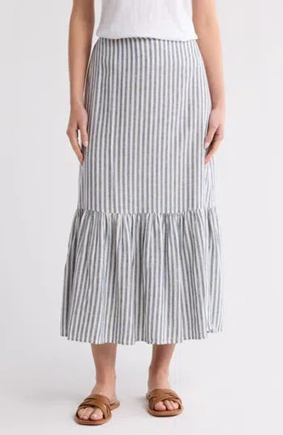Caslon ® Stripe Tiered Linen Blend Midi Skirt In Blue Insignia- Ivory Brianne