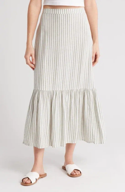 Caslon Stripe Tiered Linen Blend Midi Skirt In Green- Ivory Brianne Stripe