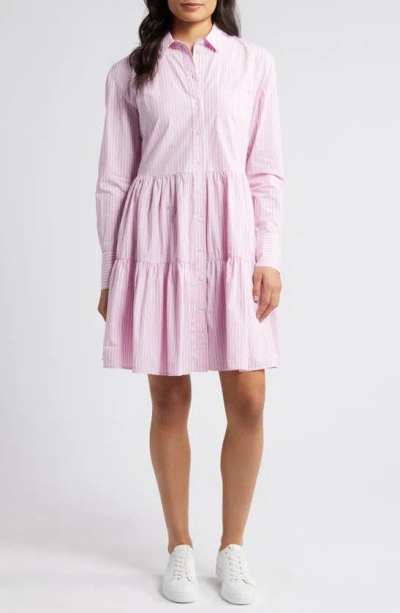 Caslon Stripe Tiered Long Sleeve Shirtdress In Pink Crayon Cory Stp