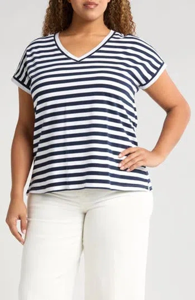 Caslon ® Stripe V-neck Cotton T-shirt In Navy Blazer- White Stripe