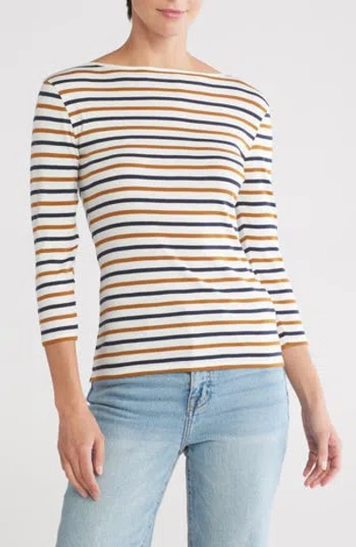 Caslon ® Three Quarter Sleeve Tee In Ivory- Brown Navy Stripe