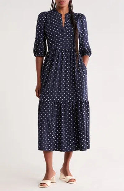 Caslon ® Three-quarter Sleeve Knit Midi Dress In Navy- Ivory Half Moon Dot