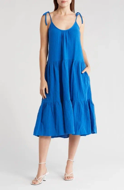 Caslon Tie Strap Tiered Cotton Gauze Midi Dress In Blue
