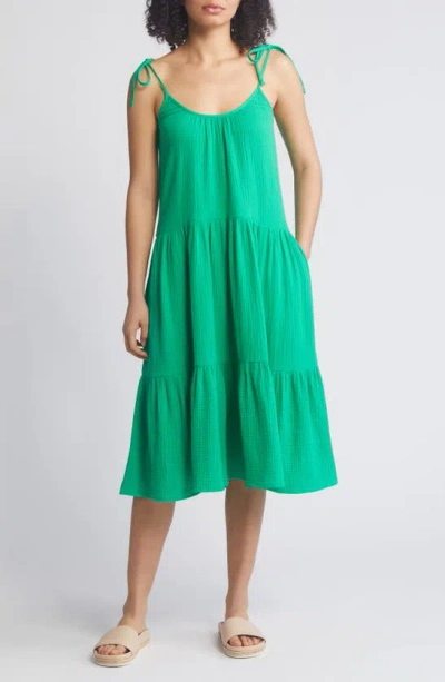 Caslon Tie Strap Tiered Cotton Gauze Midi Dress In Green Bright