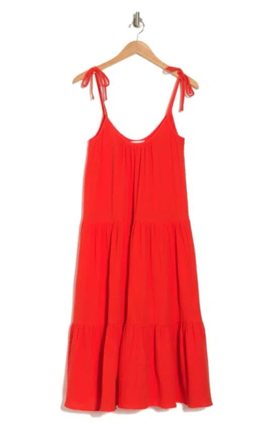 Caslon Tie Strap Tiered Cotton Gauze Midi Dress In Red