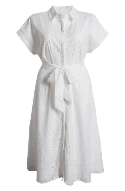 Caslon Tie Waist Eyelet Shirtdress In White