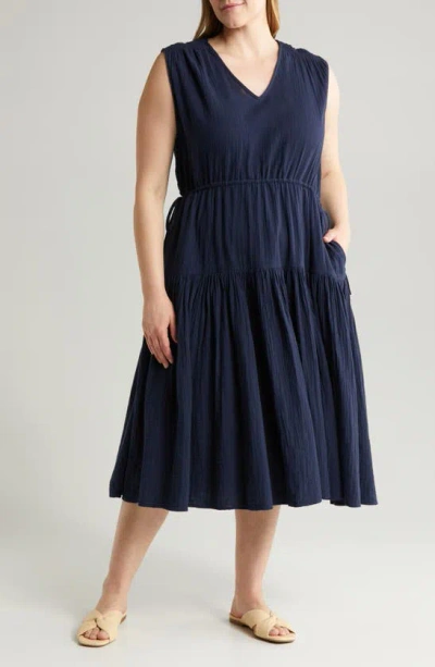 Caslon Tiered Cotton Midi Dress In Navy Blazer