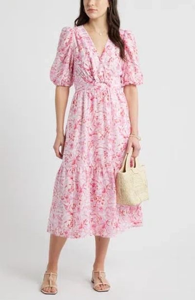 Caslon ® Twist Detail Allover Print Midi Dress In Ivory/ Pink Daisy Garden