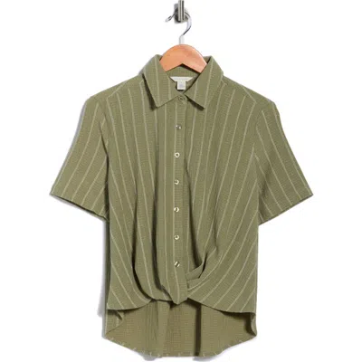 Caslon ® Twist Front Short Sleeve Shirt In Olive Acorn- Ivory Rita Stripe