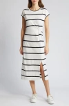 Caslon Twist Waist Organic Cotton Midi T-shirt Dress In Ivory- Navy Peacoat Stripe