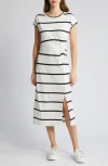 Caslon Twist Waist Organic Cotton Midi T-shirt Dress In Ivory Cloud- Black Stripe