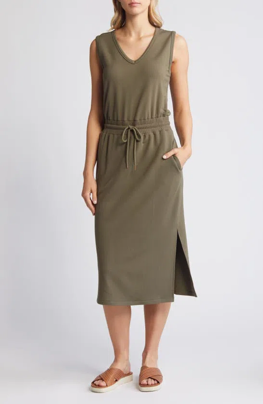 Caslon V-neck Knit Midi Dress In Olive Burnt ModeSens
