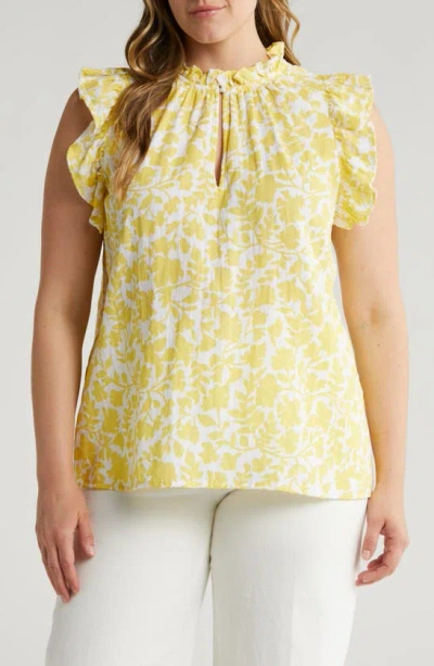 Caslon Vine Print Ruffle Cotton Gauze Top In White- Yellow Kindred Flower