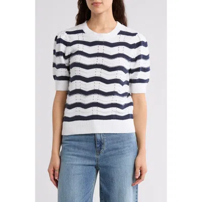 Caslon ® Zigzag Short Sleeve Novelty Sweater In White- Navy Blazer Zag Stripe