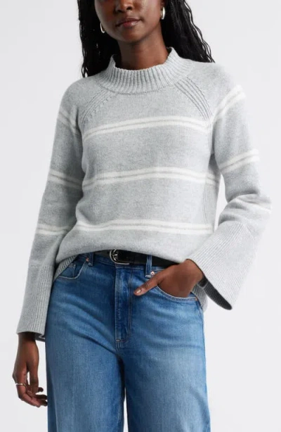 Caslonr Caslon(r) Bell Sleeve Mock Neck Merino Wool & Cotton Sweater In Grey Heather- Ivory Duo Stripe