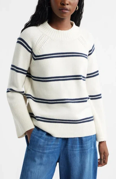 Caslonr Caslon(r) Bell Sleeve Mock Neck Merino Wool & Cotton Sweater In Ivory- Navy Duo Stripe