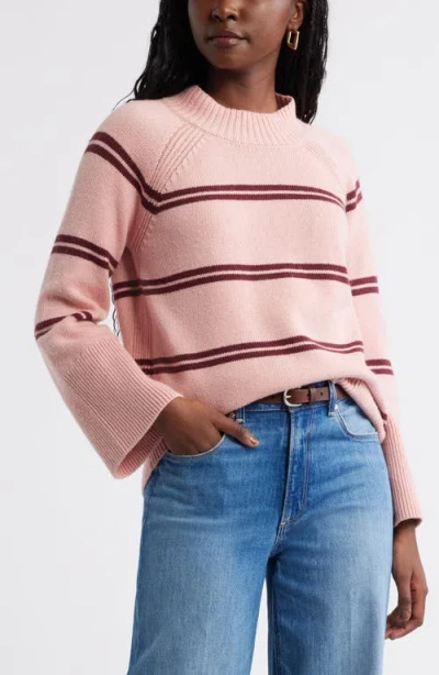 Caslonr Caslon(r) Bell Sleeve Mock Neck Merino Wool & Cotton Sweater In Pink- Tan Burgundy Duo Stripe