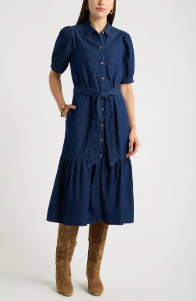 Caslonr Caslon(r) Belted Cotton Chambray Midi Dress In Dark Wash