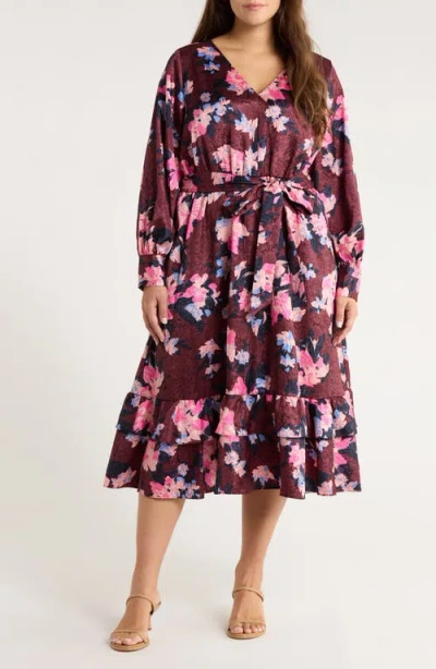Caslonr Caslon(r) Belted Long Sleeve Satin Midi Dress In Multi