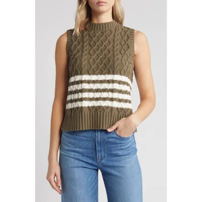 Caslonr Caslon(r) Cable Knit Pima Cotton Jumper Waistcoat In Olive- Ivory Pristine Stripe