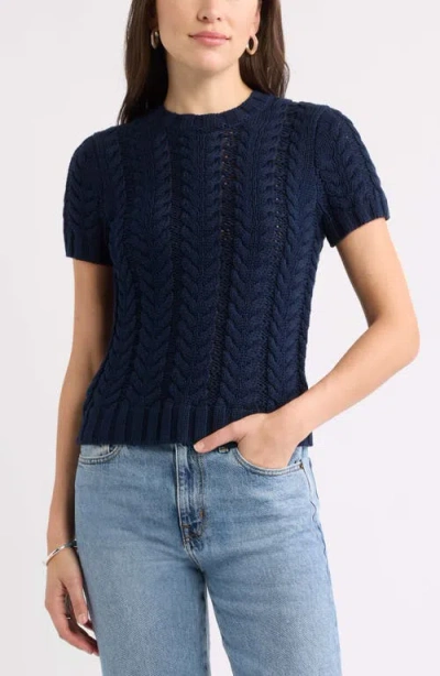 Caslonr Caslon(r) Cable Stitch Short Sleeve Cotton Sweater In Blue
