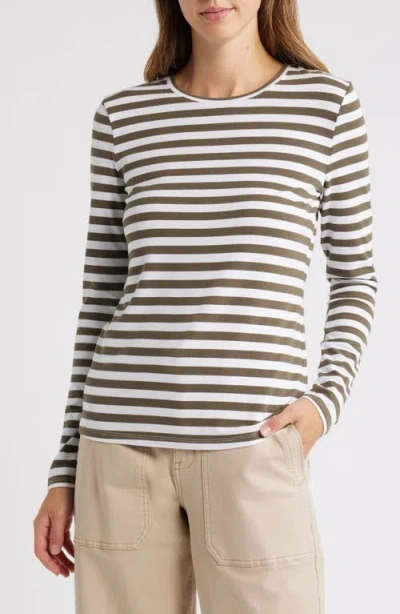 Caslonr Caslon(r) Crewneck Long Sleeve T-shirt In Green- White Charm Stripe