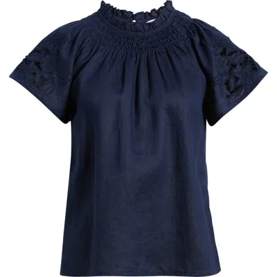 Caslonr Caslon(r) Embroidered Cutwork Linen Popover Top In Blue