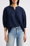 Caslonr Caslon(r) Embroidered Cutwork Split Neck Linen Blend Popover Top In Navy Blazer