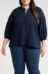 Caslonr Caslon(r) Embroidered Cutwork Split Neck Linen Blend Popover Top In Navy Blazer