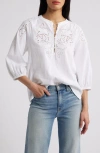 Caslonr Caslon(r) Embroidered Cutwork Split Neck Linen Blend Popover Top In White