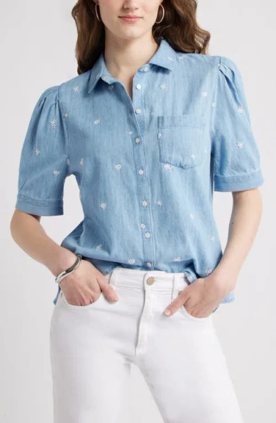 Caslonr Caslon(r) Embroidered Short Sleeve Chambray Button-up Shirt In Brown