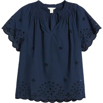 Caslonr Caslon(r) Eyelet Ruffle Trim Cotton Top In Blue