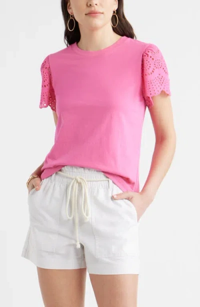 Caslonr Caslon(r) Eyelet Sleeve Mixed Media T-shirt In Pink