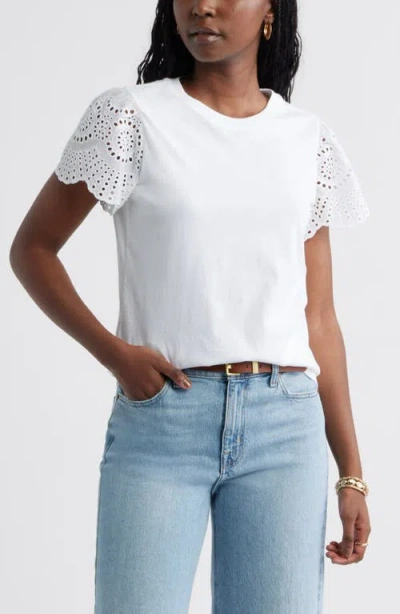 Caslonr Caslon(r) Eyelet Sleeve Mixed Media T-shirt In White