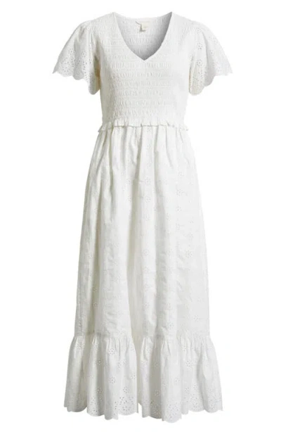 Caslonr Caslon(r) Eyelet Smocked Flutter Sleeve Maxi Dress In White