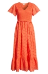 Caslonr Caslon(r) Eyelet Smocked Flutter Sleeve Maxi Dress In Orange