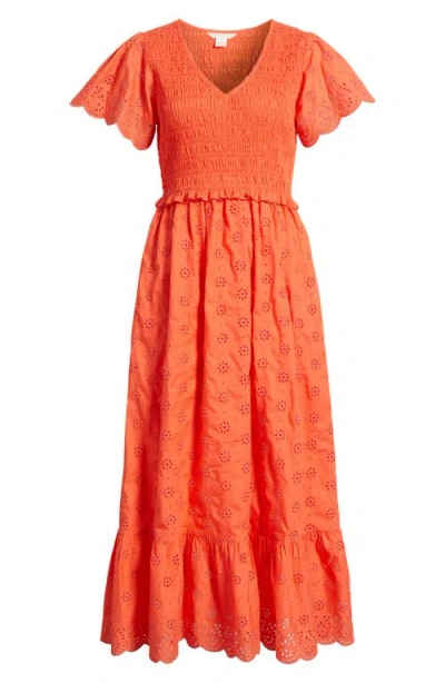 Caslonr Caslon(r) Eyelet Smocked Flutter Sleeve Maxi Dress In Orange