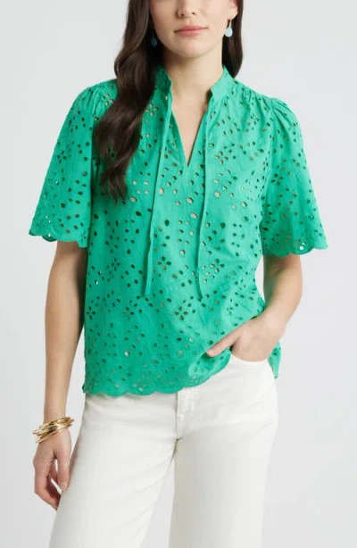 Caslonr Caslon(r) Eyelet Split Neck Cotton Top In Green