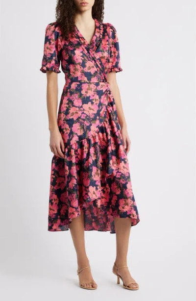 Caslonr Caslon(r) Floral Satin Jacquard Faux Wrap Dress