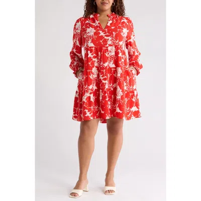 Caslonr Caslon(r) Floral Tiered Long Sleeve Dress In Pink- Red Zinnia Floral