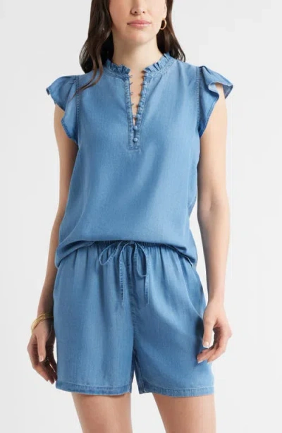Caslonr Caslon(r) Flutter Sleeve Popover Chambray Top In Blue