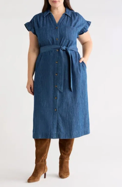 Caslonr Caslon(r) Flutter Sleeve Tie Waist Denim Midi Dress In Blue