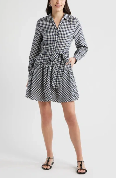 Caslonr Caslon(r) Gingham Long Sleeve Tiered Mini Shirtdress In Gray