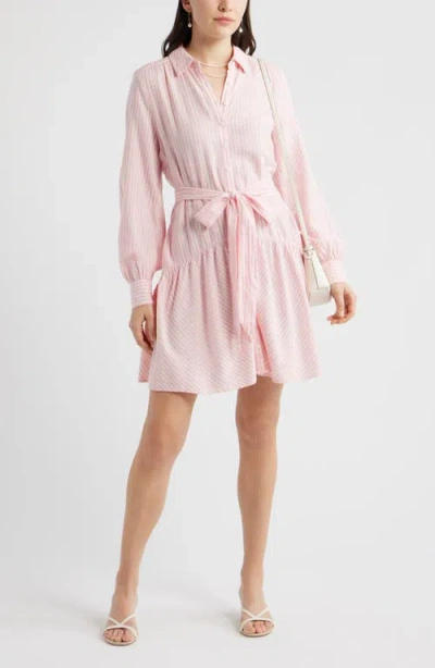Caslonr Caslon(r) Gingham Long Sleeve Tiered Mini Shirtdress In Pink