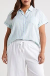 Caslonr Caslon(r) Linen Blend Button-up Camp Shirt In White- Blue Green Kayla Stripe