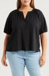 Caslonr Caslon(r) Linen Blend Puff Sleeve Top In Black