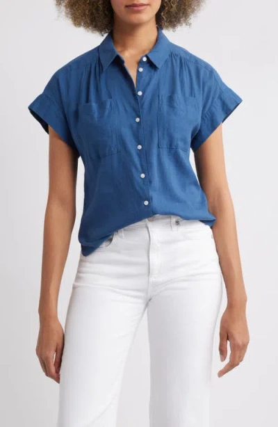 Caslonr Caslon(r) Linen Blend Short Sleeve Button-up Shirt In Blue Ensign