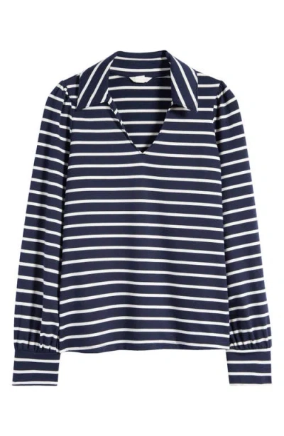 Caslonr Caslon(r) Long Sleeve Johnny Collar Polo In Navy- Ivory Josephine Stripe